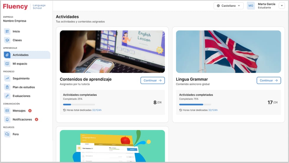 Listado de actividades del alumno con el progreso de cada bloque de contenido