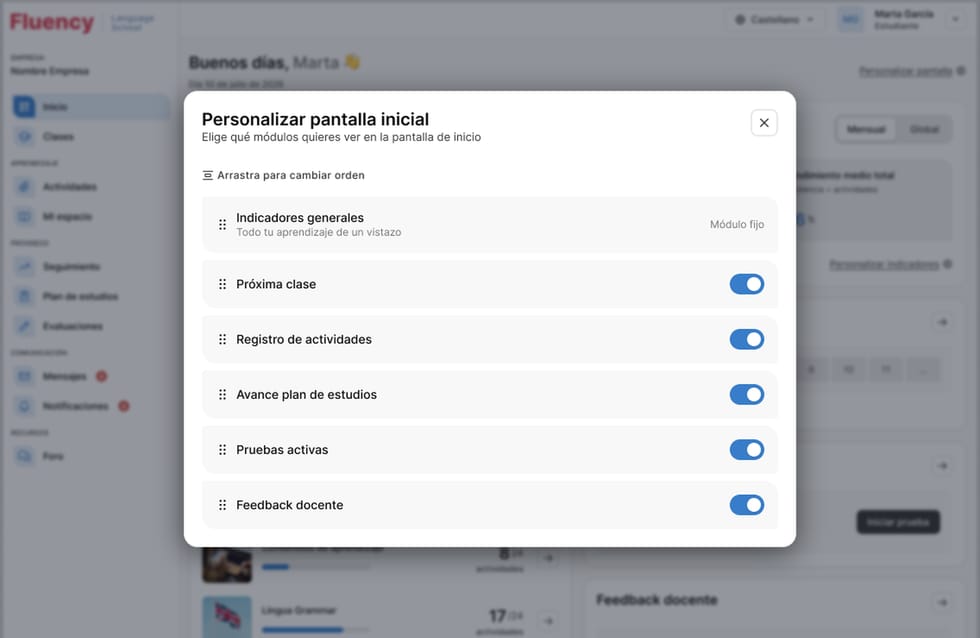 Modal para elegir y reordenar los módulos de la pantalla de inicio