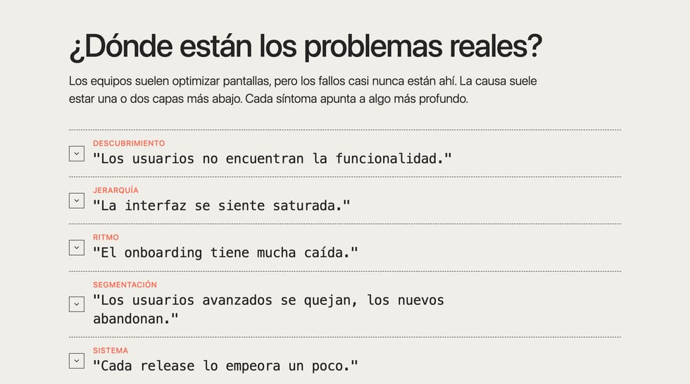 Sección de problemas reales citados como frases de usuario