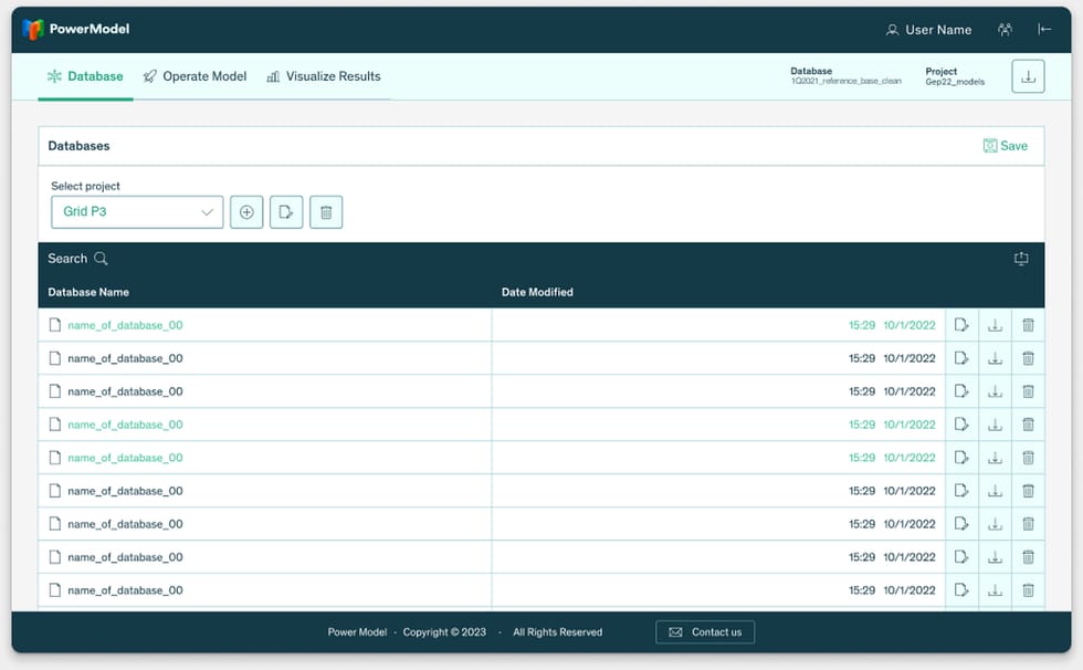 Pantalla Database con el proyecto seleccionado y la tabla de bases de datos