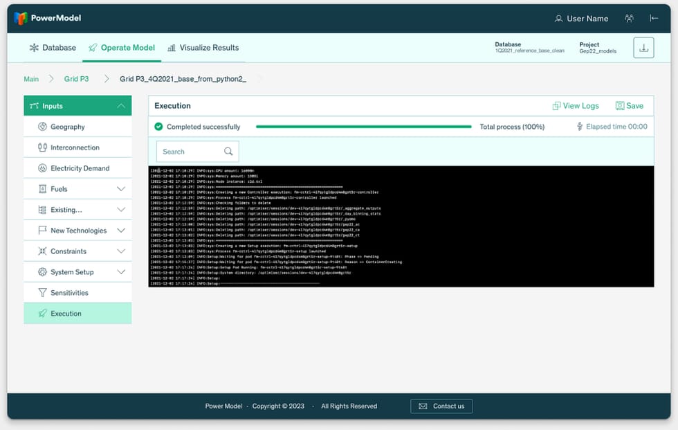 Ejecución completada con la consola de logs abierta y su buscador