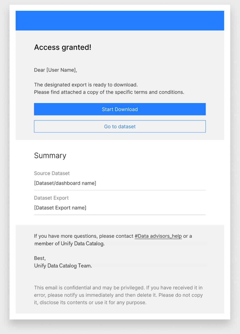 Correo de acceso concedido con los botones de descarga y el resumen del export